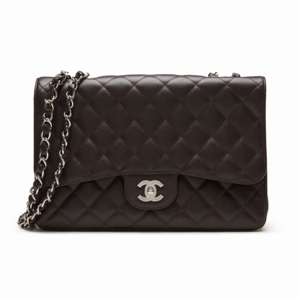 CHANEL Black Jumbo Quilted Lambskin Shoulder Bag with Silver Chain